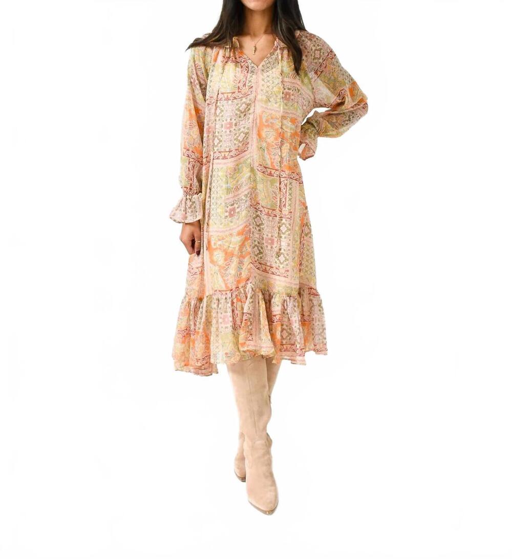 NEW KARLIE paisley chiffon midi dress in orange multi
